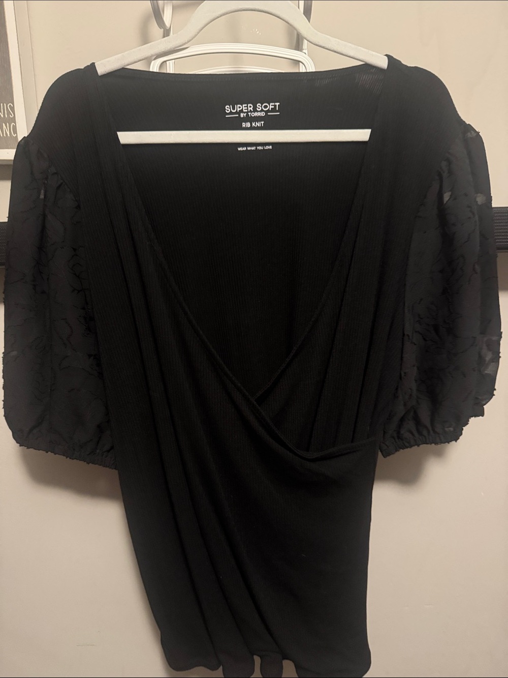 torrid Black Rib Knit Faux-Wrap Blouse with Puff Sleeves